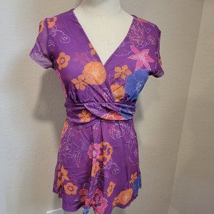 Medium - Sweet Pea By Staci Frati Colorful Floral Mesh Top, Flutter Sleeve